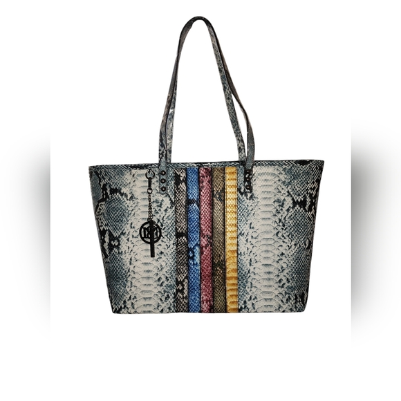 BADGLEY MISCHKA Light Blue Vegan Leather with Multicolor Striped Center Pattern - Picture 2 of 13